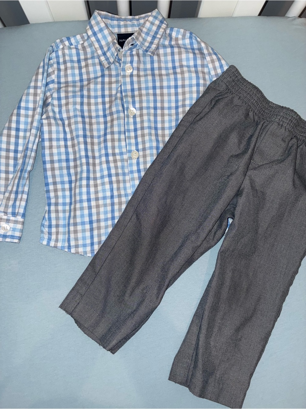 Nautica Blue & White Plaid Button-Up with Charcoal Pants